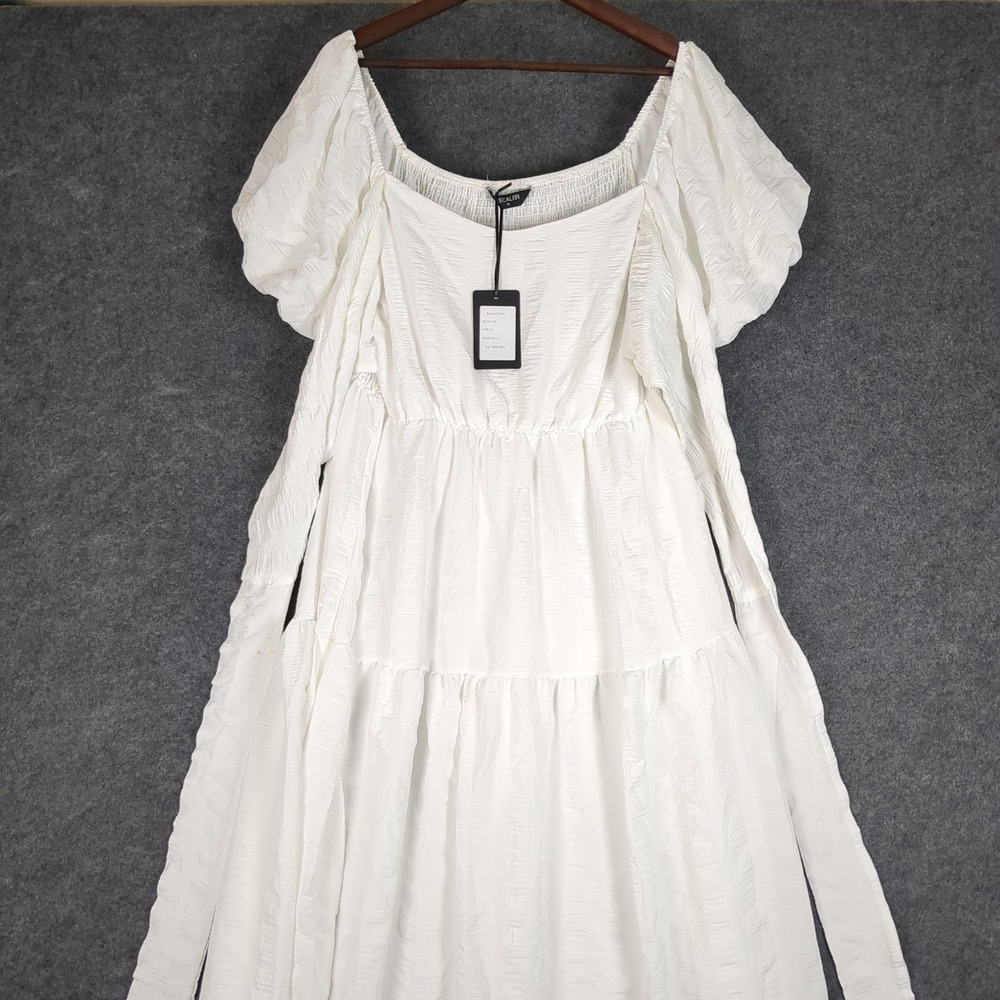 Escalier White Smocked Puff Sleeve Tiered Maxi Dress XL NWT New